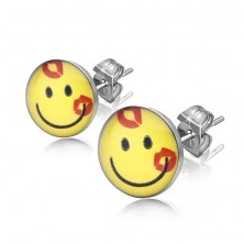 Steel earrings, clear glaze, yellow smiling emoticon with red kisses