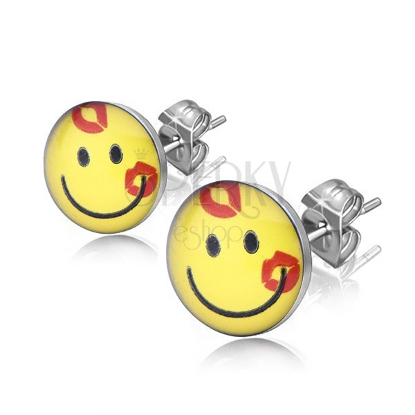 Steel earrings, clear glaze, yellow smiling emoticon with red kisses