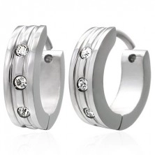 Steel earrings - glossy hoops in silver colour, three round zircons
