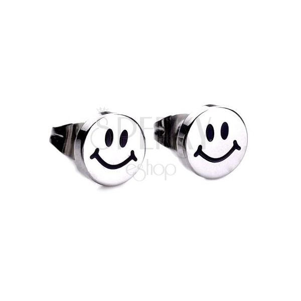 Glossy stud earrings made of steel, silver colour, smiling face