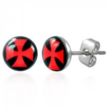 Earrings made of steel, clear glaze, red Maltese cross on black background