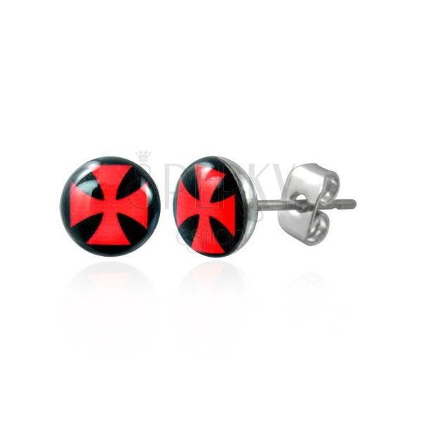 Earrings made of steel, clear glaze, red Maltese cross on black background