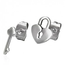Shiny steel earrings - various patterns - lock and key, studs