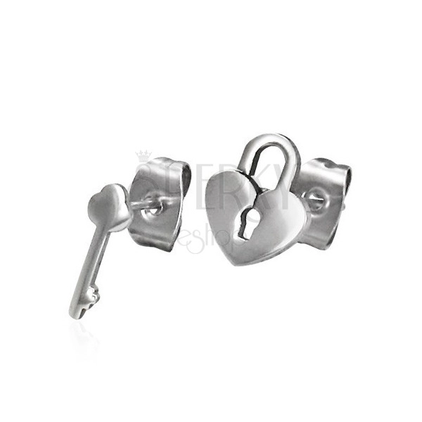 Shiny steel earrings - various patterns - lock and key, studs