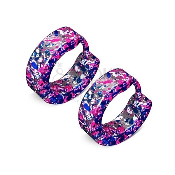 Earrings made of steel in silver colour - blue, white and neon pink spots