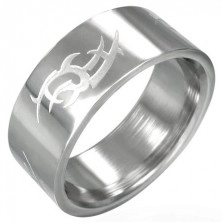 Shiny steel ring with matt Tribal symbol