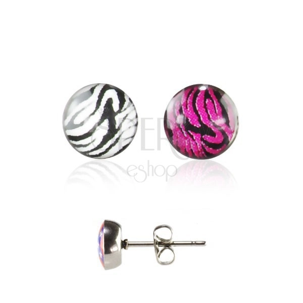 Steel earrings in silver colour, zebra pattern, clear glaze, stud