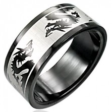 Black steel ring with fighting dragons