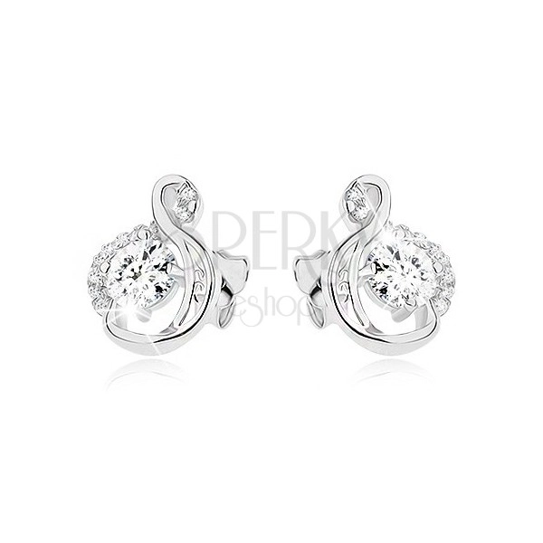 Stud earrings made of 925 silver, rounded shiny and zircon lines, stone