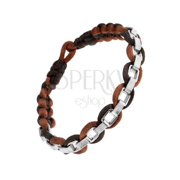 Braided string bracelet with steel chain, brown and black colour