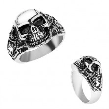 Steel ring in silver colour, convex patinated skull, knight, swords
