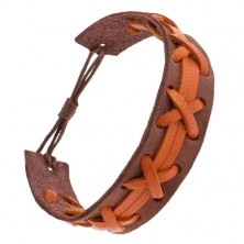 Brown bracelet made of leather, orange braid and stripes, adjustable length