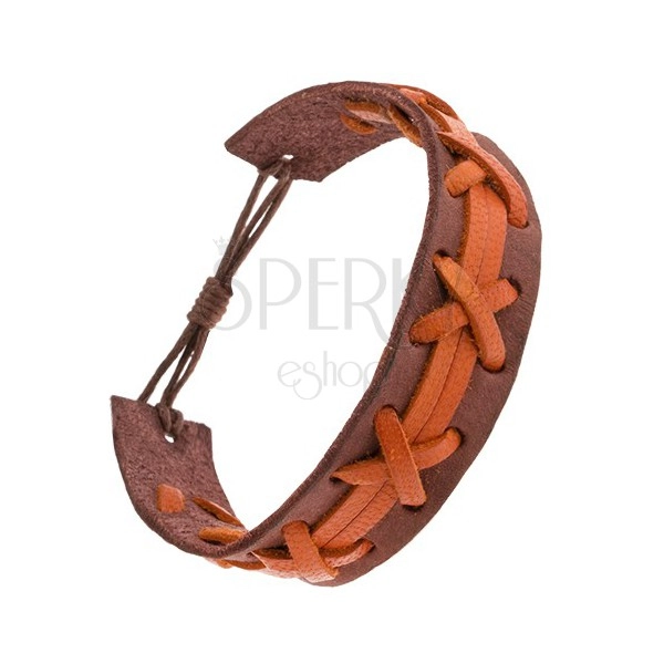 Brown bracelet made of leather, orange braid and stripes, adjustable length