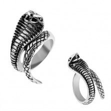 Steel ring in silver colour, protuberant patinated cobra