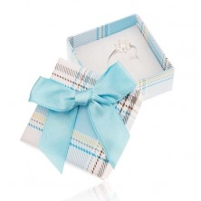 Ring gift box with checked pattern, light blue bow