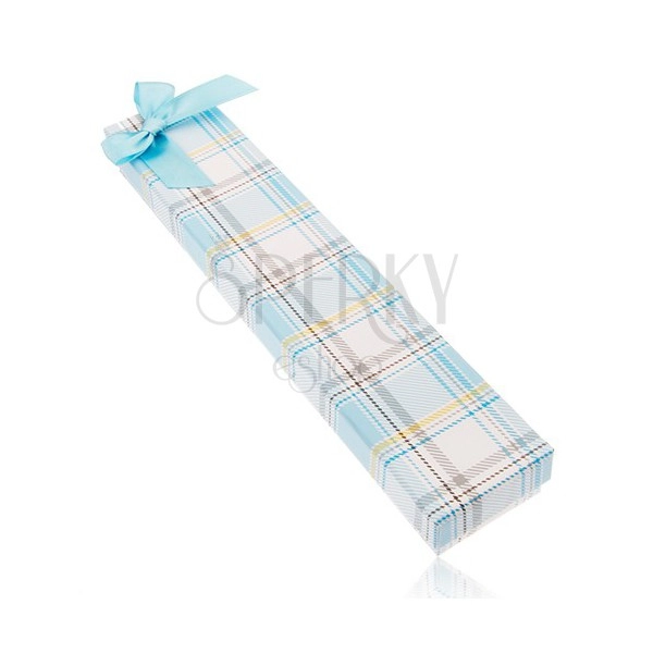 Checked chain and wristwatch gift box, bow made of shiny light blue ribbon