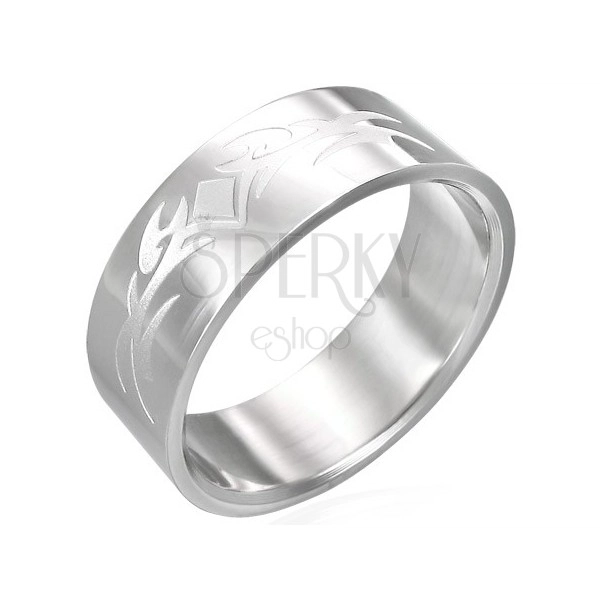 Shiny stainless steel ring with matt ornament