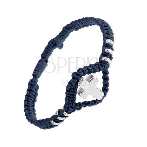 Adjustable plaited bracelet in dark blue colour, shiny steel cross and circles