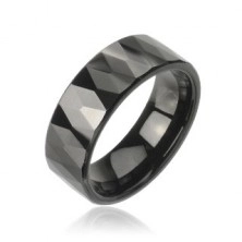 Tungsten ring with pattern of cut black rhombuses