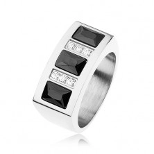 Ring made of 316L steel inlaid with shimmering zircons in black and clear colour
