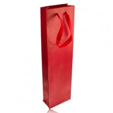 Elongated red  gift bag, shiny red ribbons