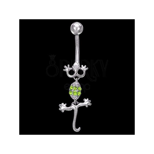 Belly button piercing in a silver colour made of steel - crawling lizard, glittery zircons