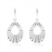 925 silver earrings, wide teardrop contour with waved shiny surface
