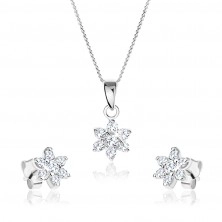 Set of necklace and earrings made of 925 silver, clear zircon flower