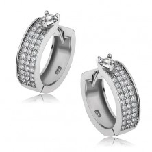 Shiny round earrings made of 925 silver, zircon heart, stripe of clear zircons