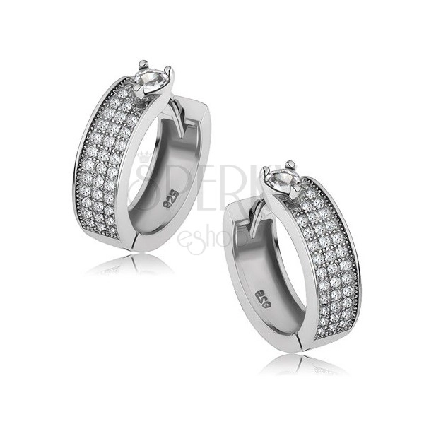 Shiny round earrings made of 925 silver, zircon heart, stripe of clear zircons