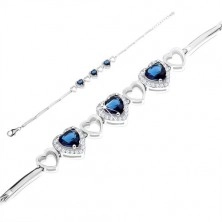 925 silver bracelet, blue zircon hearts with clear bordering, heart outlines