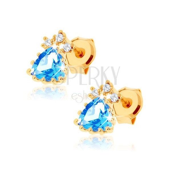 Shimmering earrings made of yellow 9K gold - blue topaz triangle, clear zircons