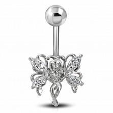 Steel bellybutton piercing, butterfly fairy with wings composed of clear zircons