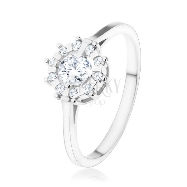 Engagement ring - 925 silver, shimmering zircon sun of clear colour