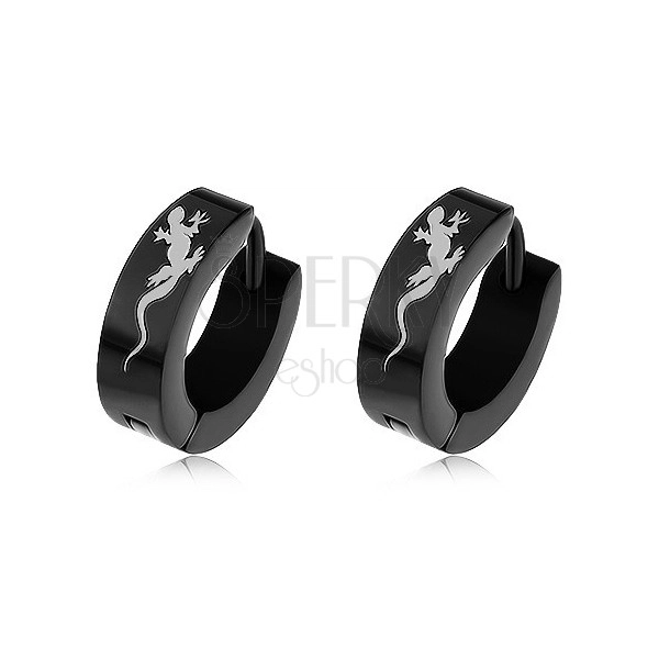 Black earrings made of surgical steel, lizard of black colour