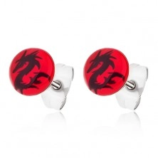 Red stud earrings made of surgical steel, Chinese dragon of black colour