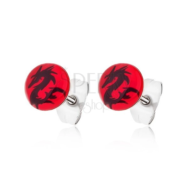 Red stud earrings made of surgical steel, Chinese dragon of black colour