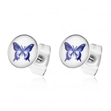 Earrings made of surgical steel, white background with violet butterfly