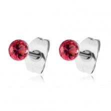 Stud earrings made of 316L steel, round red zircons in shiny mount