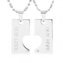 Steel necklaces for two, tag with cutout of half heart, inscription
