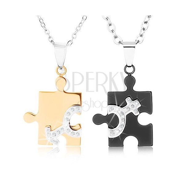 Necklaces made of 316L steel for couple, puzzle pieces in two colours