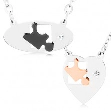 Necklaces made of stainless steel for two, oval and heart, puzzle pieces, zircon