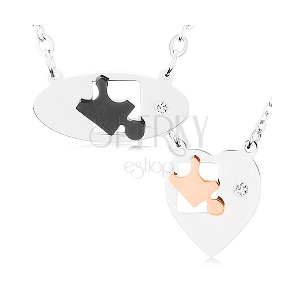 Necklaces made of stainless steel for two, oval and heart, puzzle pieces, zircon