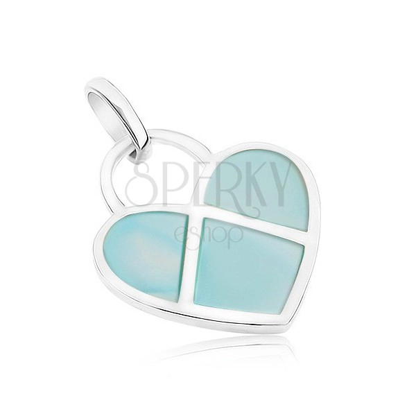 925 silver pendant, flat heart decorated with blue nacre