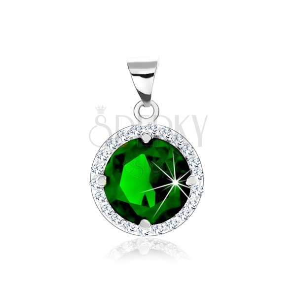 925 silver pendant, round emerald green zircon, clear zircon rim