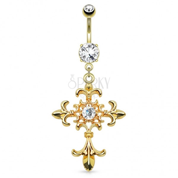 Belly piercing made of 316L steel, gold colour, lily cross, zircons