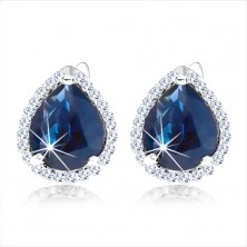925 silver earrings, rhodium plated, tear contour, dark blue zircon, shimmering lining