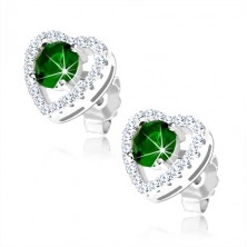 925 silver earrings, round green zircon in shimmering heart outline, lateral cutouts