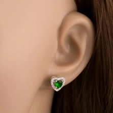 925 silver earrings, round green zircon in shimmering heart outline, lateral cutouts