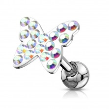 Steel ear tragus piercing, colourful butterfly decorated with zircons